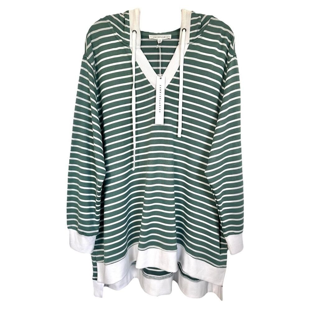 Jane and Delancey Women's Hooded Blouse Top Long Sleeve Plus Sz 1X Green Striped